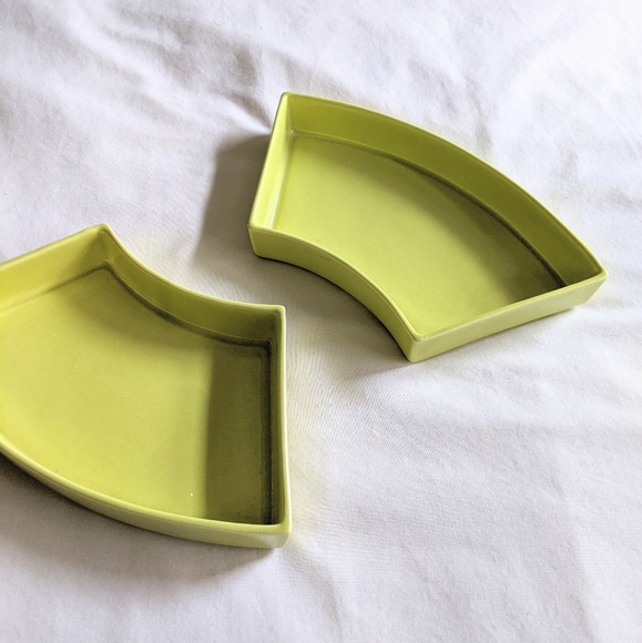 Pair of Vtg Lime Green Ceramic Curved Stacking Catch All Trays